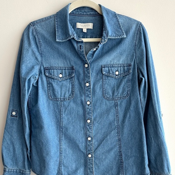 Talbots Petites Denim Button-Up Shirt, Medium Wash Chambray Shirt, Size SP - Picture 1 of 15